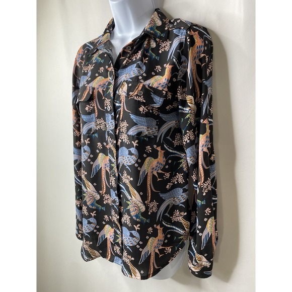 LOFT Outlet Womens Peacock Print Blouse Measures Small/Medium Ethereal Bird Glam - Picture 2 of 10